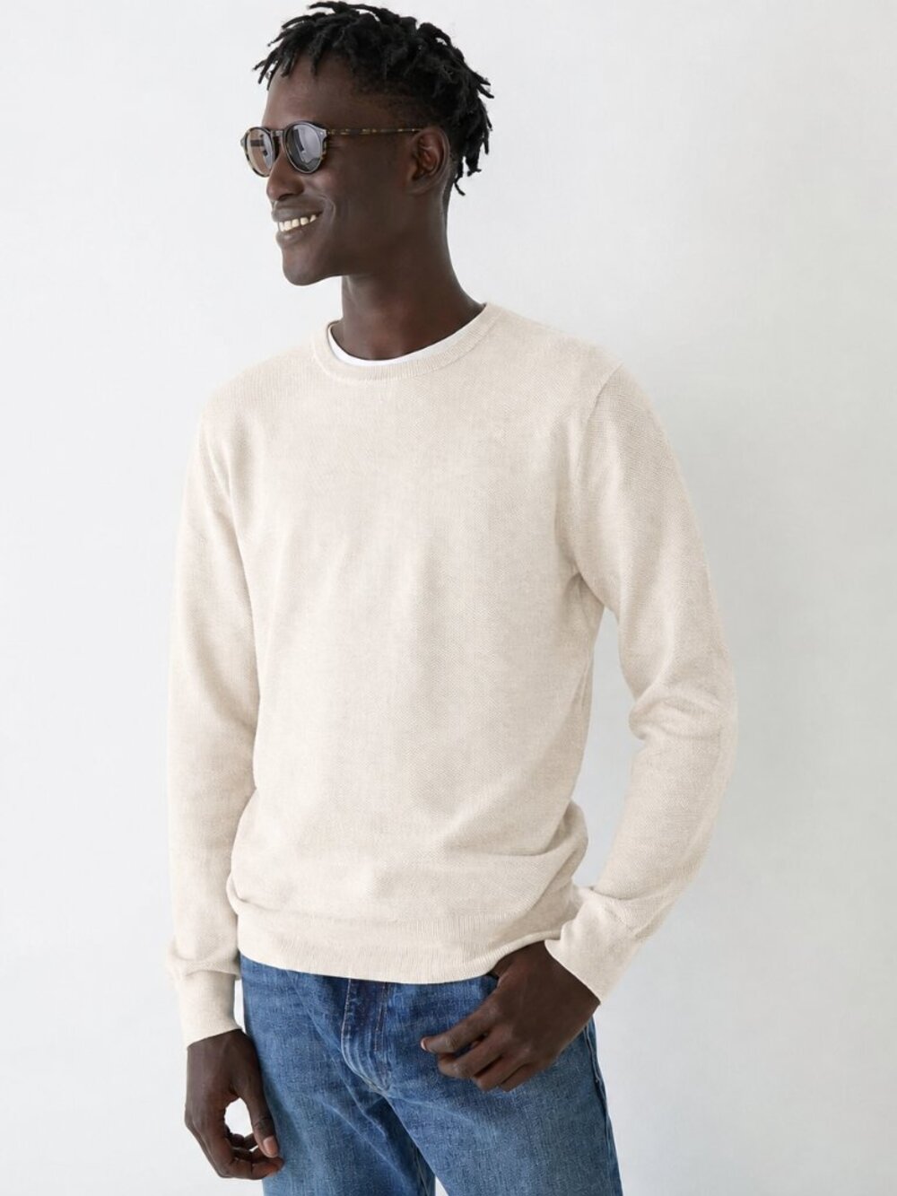 J.Crew Cotton Piqué-Stitch Crewneck Sweater in Heather Natural